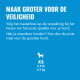 Blauw veiligheidsaffiche: 'MAAK GROTER VOOR DE VEILIGHEID' met Nederlandse richttekst, klein hondenpictogram en 'XS ≤ 5 lb ≤ 2 kg'