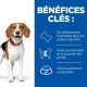 Un beagle se tient à côté d'un fond bleu avec un texte français promouvant des friandises pour chiens : "Délicieuses, amies des poids et croustillantes."