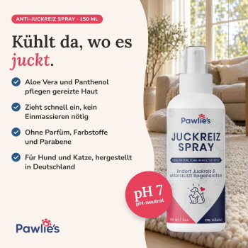 Pawlie's Juckreiz Spray für Hunde und Katzen, 150 ml, das behauptet, Juckreiz zu lindern und die Hautregeneration mit natürlichen Inhaltsstoffen zu unterstützen.