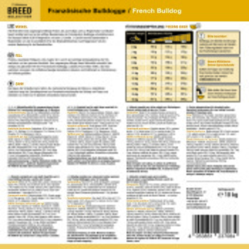 Futteretikett 'BREED SELECTION': Französische Bulldogge / French Bulldog, Fütterungstabelle, Informationen zu Muskeln/Fell/Zähnen, Barcode.