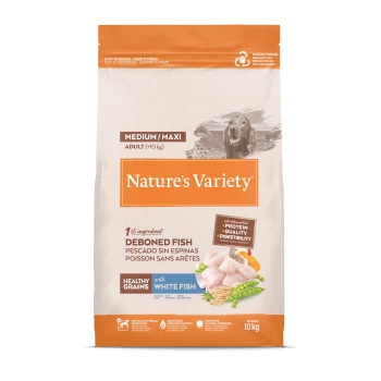 Nourriture pour chien adulte Nature's Variety Medium/Maxi, 10 kg, poisson blanc désossé, céréales saines, soutient le pelage et les défenses naturelles.