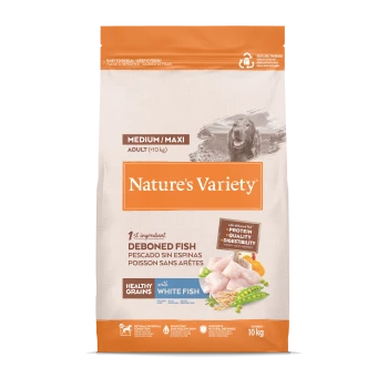 Nourriture pour chien adulte Nature's Variety Medium/Maxi, 10 kg, poisson blanc désossé, céréales saines, soutient le pelage et les défenses naturelles.