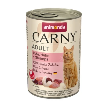 Karma w puszce dla kotów oznaczona "Animonda Carny Adult" z indykiem, kurczakiem i krewetkami. Tekst informuje "100% frische Zutaten" i "Made in Germany."