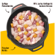 Eine gusseiserne Pfanne mit rohen Hühnerstücken und frischen Kürbiswürfeln, mit dem Text: "70% zartes Geflügel & schmackhafte Herzen" und "frischer Kürbis."