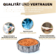 Bild, das ein Haustierbett bewirbt, mit Text, der Qualitätssicherung, Materialtests in einem deutschen Labor und einer Zufriedenheitsgarantie hervorhebt.