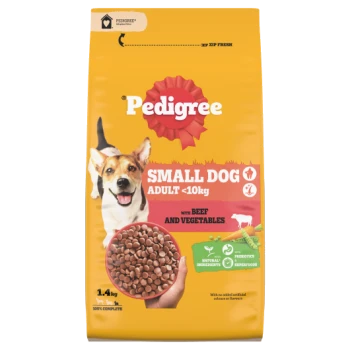 Yellow Pedigree dog food bag: SMALL DOG ADULT <10kg — with beef and vegetables; dog photo, bowl of kibble, 1.4kg.