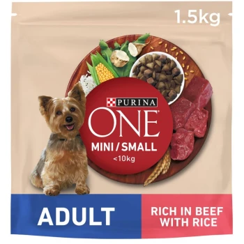 Purina ONE Mini/Small dog food package, 1.5kg, labeled "Adult," featuring ingredients like beef, rice, and vegetables.