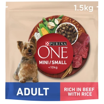 Purina ONE Mini/Small dog food package, 1.5kg, labeled "Adult," featuring ingredients like beef, rice, and vegetables.