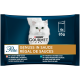 Verpackung von Purina Gourmet Katzenfutter mit einer weißen Katze mit grünen Augen, beschriftet mit "Genuss in Sauce" und Geschmacksrichtungen wie Lachs und Thunfisch.