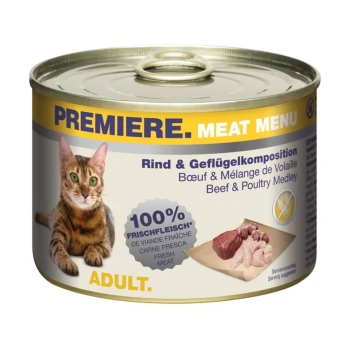 Meat Menu Adult Rind und Geflügelkomposition 6x200 g Eine Dose Katzenfutter mit der Aufschrift "Premiere Meat Menu" mit einer getigerten Katze auf der Vorderseite, mit dem Text "Rind & Geflügel Medley" und "100% Frisches Fleisch."
