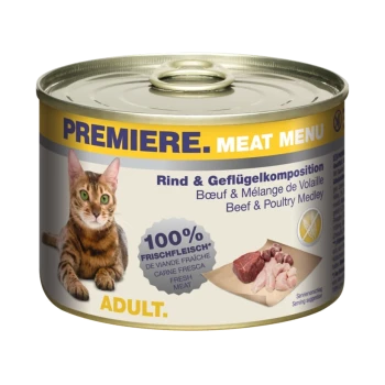 Eine Dose Katzenfutter mit der Aufschrift "Premiere Meat Menu" mit einer getigerten Katze auf der Vorderseite, mit dem Text "Rind & Geflügel Medley" und "100% Frisches Fleisch."