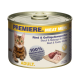 Eine Dose Katzenfutter mit der Aufschrift "Premiere Meat Menu" mit einer getigerten Katze auf der Vorderseite, mit dem Text "Rind & Geflügel Medley" und "100% Frisches Fleisch."