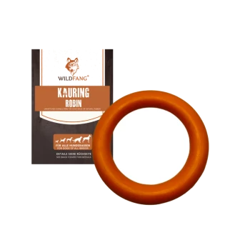 Haltbarer oranger Gummihundespielring mit der Aufschrift "Kauring Robin" von Wildfang, geeignet für alle Hunderassen, mit sichtbaren Verpackungsdetails.