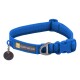 Blaues Hundehalsband von Ruffwear mit einem metallenen D-Ring und einem schwarzen Anhänger mit einem durchgestrichenen Glockensymbol.