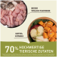 Bild von Haustierfutterzutaten mit rohem Hähnchen, wildem Flunder, Apfel und Kürbis. Text hebt '70% hochwertige tierische Zutaten' hervor.
