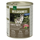 Dosenfutter "Wilderness Black Earth" für Haustiere mit einem Wolf im Wald. Enthält 95% Rind, Strauß, Büffel und 5% Früchte und Kräuter.