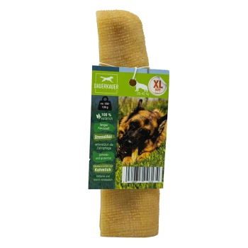 Hundekau Stick "DAUERKAUER," XL für 35-45 kg Hunde, mit einem Deutschen Schäferhund auf der Verpackung, 100% natürlich, fördert die Zahnpflege und Stressabbau.