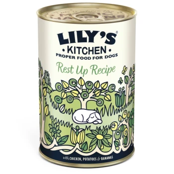 Lily's Kitchen Hundefutterdose, 'Rest Up Recipe' — Illustration eines schlafenden Hundes in einem grünen Garten; ‚richtiges Futter für Hunde‘.