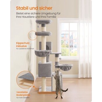 Grauer Kratzbaum mit gestreifter Katze; deutscher Text: 'Stabil und sicher', 'Kippschutz inklusive', 'Verstärkte Bodenplatte'.