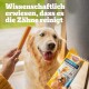 Eine Person zeigt einem Golden Retriever einen Pedigree Dentastix und einen Zahnpflegekeks, mit Text über die Vorteile der Zahnreinigung.