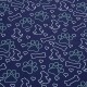 A navy blue fabric featuring a playful pattern of white and green outlines of dog paw prints, bones, and hearts.