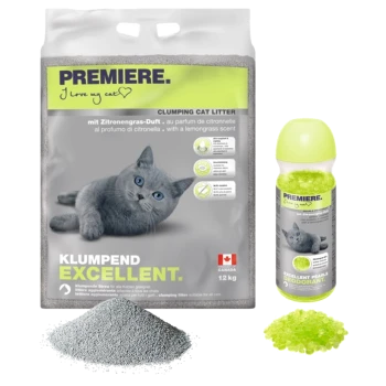 Eine Tüte mit PREMIERE Klumpstreu für Katzen mit einer grauen Katze, beschriftet mit "KLU MPEND EXCELLENT" und "12 kg," neben deodorierenden Perlen.
