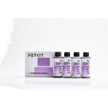 PETKIT Luftreinigungs-Nachfüllflaschen und Box mit lila Etikett, je 50 ml, zur Luftreinigung für Haustiere.