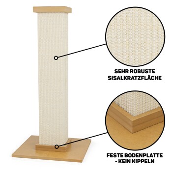 Katzenkratzbaum mit einer stabilen Sisal-Kratzerfläche und einem soliden Sockel, mit Text, der seine Haltbarkeit und Stabilität hervorhebt.