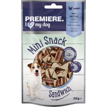 Premiere I love my dog Mini Snack Sandwich verpakking met kleine, driehoekige hondensnacks met kip- en vis smaak, 70g.