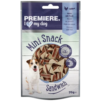 Emballage de Mini Snack Sandwich Premiere I love my dog présentant de petites friandises triangulaires pour chiens au goût de poulet et de poisson, 70g.