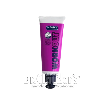 Eine Tube von Dr. Clauder's Workout Snack für Hunde, mit einem lebhaften pinken Design und dem Text 'WORKOUT', der prominent angezeigt wird.