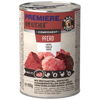 Dosenfutter für Haustiere, beschriftet mit 'Premiere Raw Kitchen', das Pferdefleisch (Pferd) enthält, mit einem Mix-it-Symbol und Anweisungen zum Kombinieren der Zutaten.