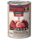 Dosenfutter für Haustiere, beschriftet mit 'Premiere Raw Kitchen', das Pferdefleisch (Pferd) enthält, mit einem Mix-it-Symbol und Anweisungen zum Kombinieren der Zutaten.