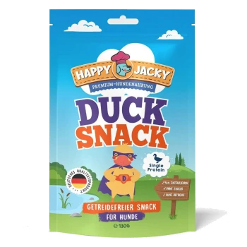 Happy Jacky Duck Snack getreidefreier Hundesnack mit Cartoon-Ente als Superheld und Produktdetails.