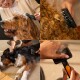 Collage von Hunden, die mit einer schwarz-orangenen Slicker-Bürste gebürstet werden, lose Haare sichtbar; FISKARS-Logo unten links.