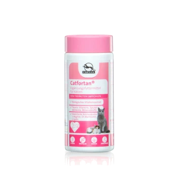 Catfortan Ergänzung für Katzen in einem pinken und weißen Behälter, mit einer Katzengrafik, mit Text, der Zutaten wie Taurin und Vitamine beschreibt.