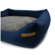 Marineblaues Haustierbett mit einem weichen grauen Kissen, mit einem Lederetikett, das "REXPRODUCT.COM" liest.
