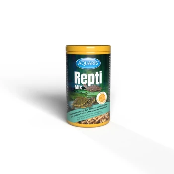 AQUARIS Repti Mix Behälter für Land- und Wasserturtles, mit Bildern von Schildkröten und Insekten, mit den Etiketten "ANTI" und "PLUS 3".
