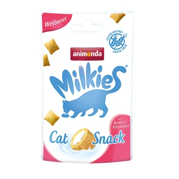 Katze Snackpaket mit "Milkies" von Animonda, gekennzeichnet als getreidefrei mit Biotin und Vitaminen, zeigt eine blaue Katzensilhouette.
