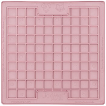 Rosa Silikon LickiMat mit einem Gittermuster, das ein Design von Hund und Katze oben zeigt, beschriftet mit "Spieltermin" und "Entwickelt in Australien."