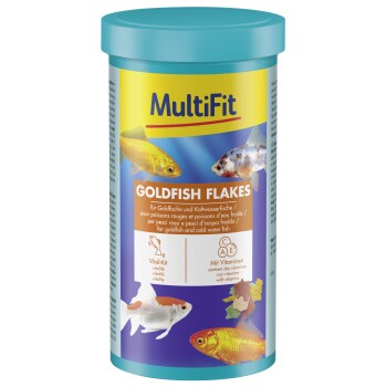 MultiFit Goldfish Flakes Fischfutterbehälter mit Bildern von Goldfischen und Text in mehreren Sprachen über Vitamine und Vitalität.