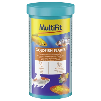 MultiFit Goldfish Flakes visvoercontainer met afbeeldingen van goudvissen en tekst in meerdere talen over vitamines en vitaliteit.