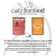Zwei Dosen catz finefood Katzenfutter mit altem und neuem Verpackungsdesign und Text über 15 Jahre Premiumqualität.