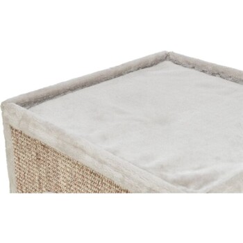 Obenansicht eines gemütlichen Haustierbettes mit einer weichen, plüschigen grauen Oberfläche und einer strukturierten beigen gewebten Seite.