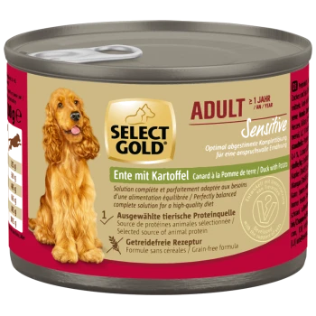 Select Gold Adult Sensitive Hundefutterdose mit Enten- und Kartoffelgeschmack, getreidefrei, für Hunde über 1 Jahr.