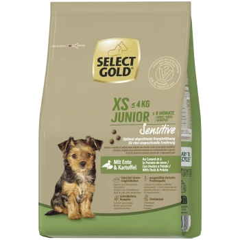 Select Gold XS Junior Sensitive Hundefutterbeutel mit Ente und Kartoffel, getreidefrei, präbiotisch, für Hunde bis 4 kg und 8 Monate alt.