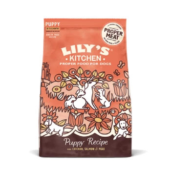 Lily's Kitchen Puppy Recipe dog food bag with colorful dog and flower illustrations, labeled "Grain Free Recipe" and "Proper Meat."