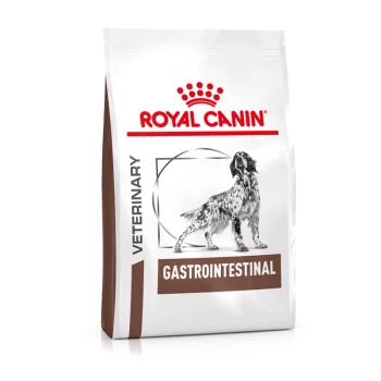 Sac de nourriture pour chiens Royal Canin Veterinary Gastrointestinal présentant une silhouette de chien, mettant l'accent sur la santé digestive.