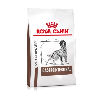 Royal Canin Veterinary Gastrointestinal Hundefutterbeutel mit einer Silhouette eines Hundes, der die Verdauungsgesundheit betont.