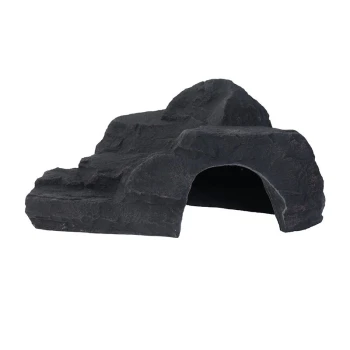 Schwarze Felsenstil-Haustierhöhle mit einem Bogen-Eingang, entworfen für kleine Tiere zum Verstecken und Ausruhen.